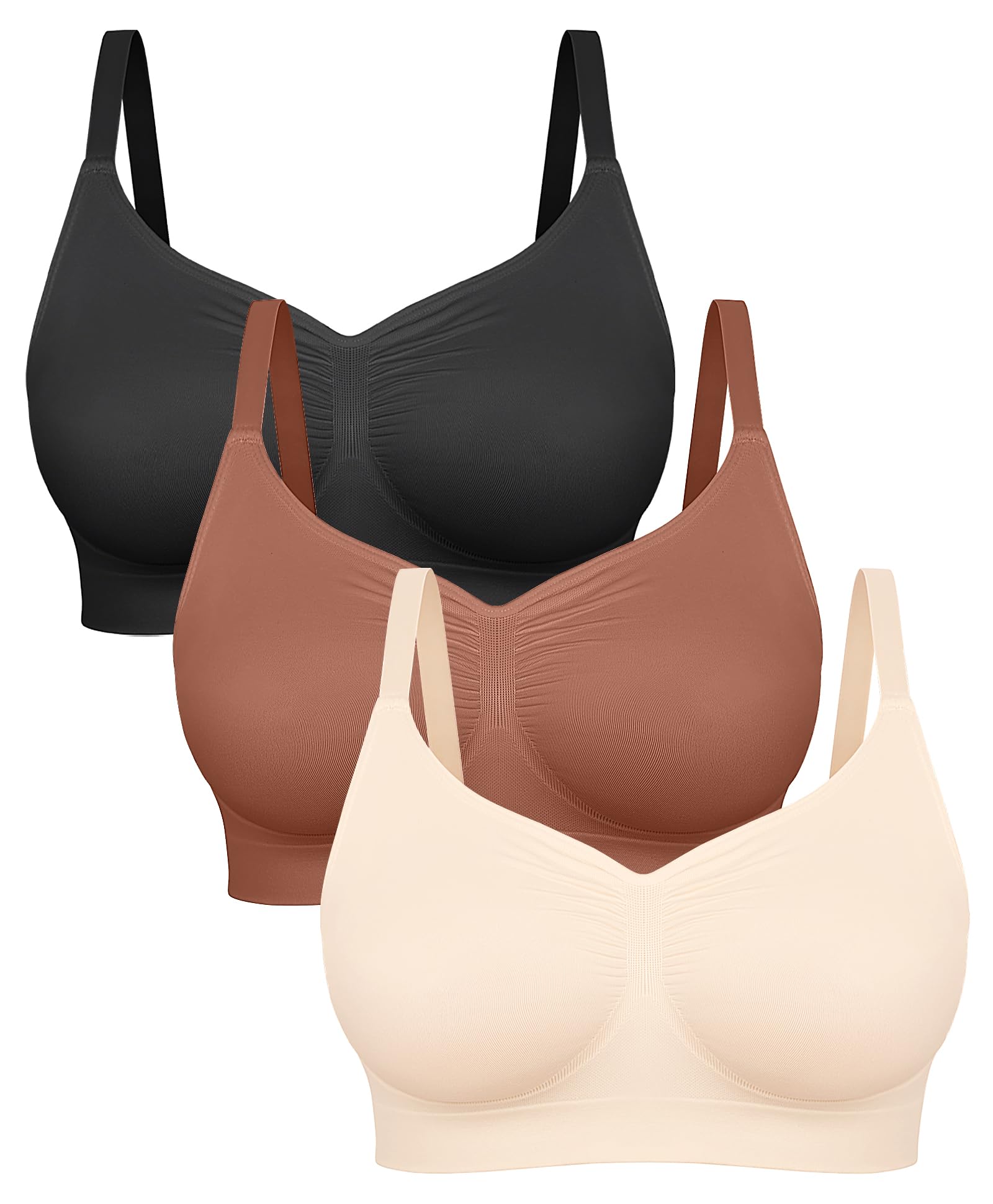 FeelinGirl Seamless Smooth Bralette Comfy Everyday Bras 3-Pack (Black/Sienna/Beige,Large)