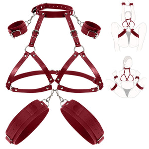 BDSM Sex Bondage Breast Restraints Thigh Sling, Leather Neck to Thigh Chest Restraints Harness Bed Restraints, Wrist & Thigh Cuf