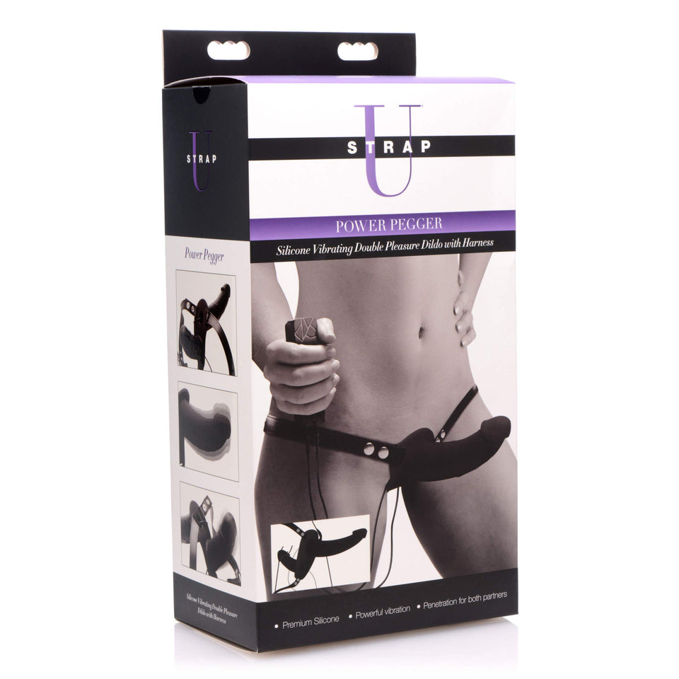 Strap U Power Pegger Silicone Vibrating Double Pleasure Dildo With Harness Black