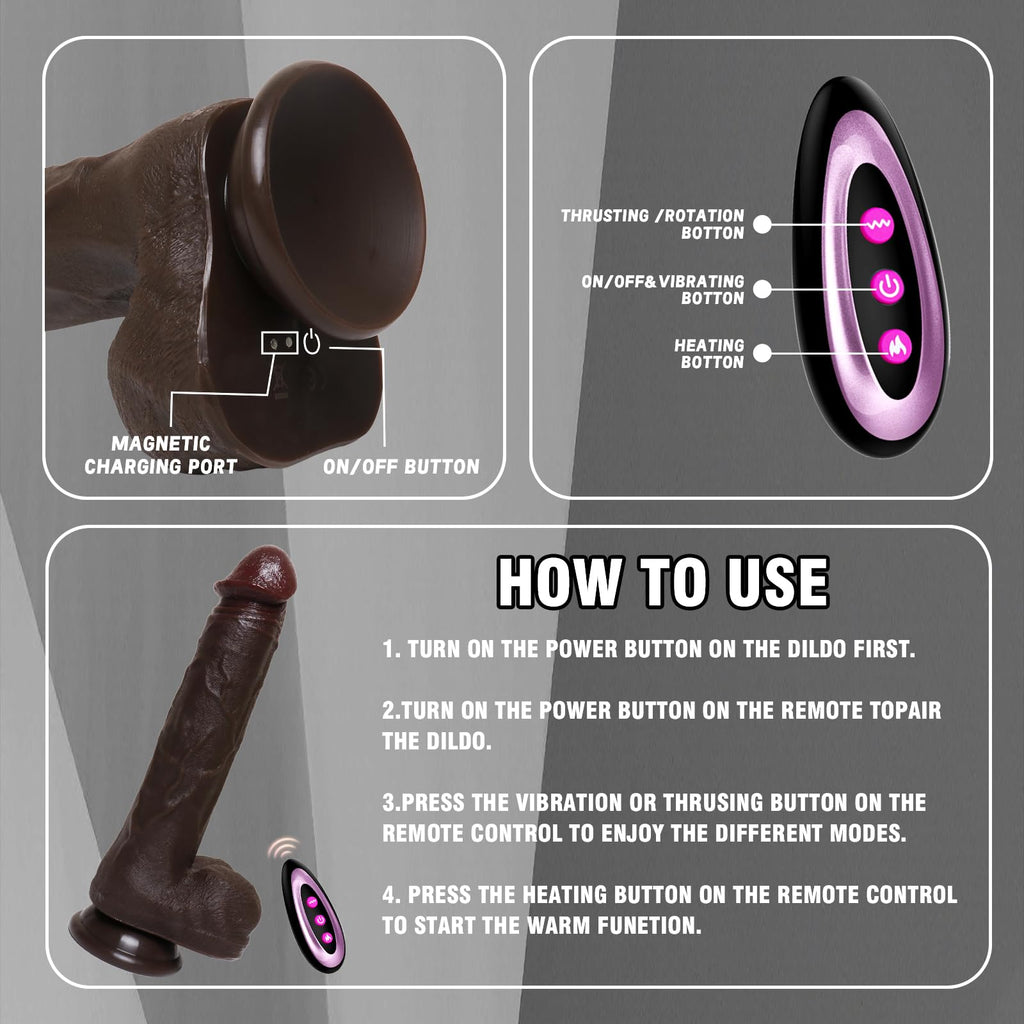 11.5 '' Realistic Black Dildo with 9 Vibration & 3 Thrusting Modes - Heated Thick Vibrator for G-Spot, Clitoral & Anal Stimulati