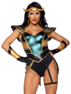 3 Pc Trickster Goddess, Includes Lame Snap Crotch Garter Bodysuit With Molded Shoulder And Stay Up Collar, Gauntlet Gloves, And