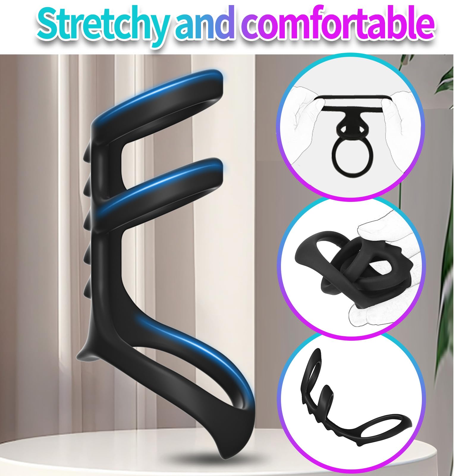 Triple Penis Ring for Men - Black Silicone Cock Ring with Ribbed Texture for Harder Longer Stronger Erections - Erection Enhanci