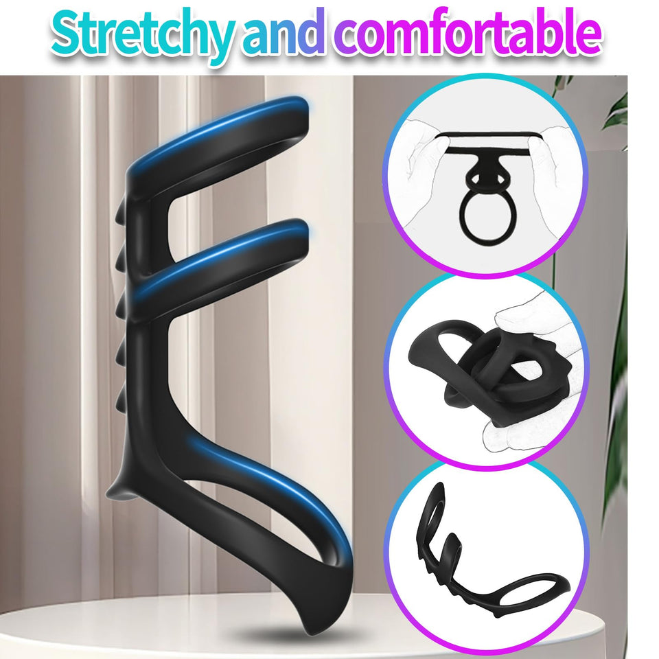 Triple Penis Ring for Men - Black Silicone Cock Ring with Ribbed Texture for Harder Longer Stronger Erections - Erection Enhanci