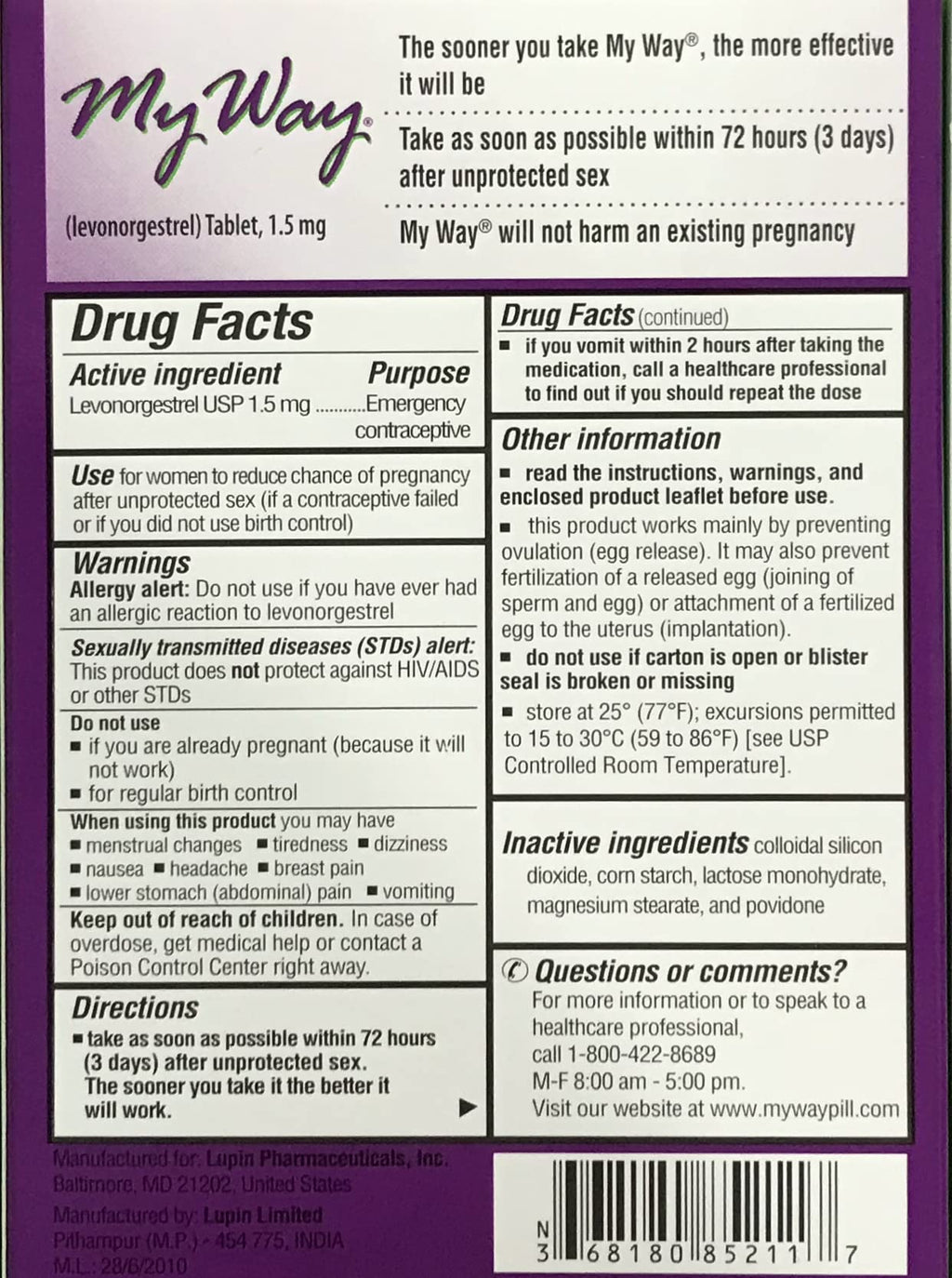 SUNCKY My Way Emergency Contraceptive 1 Tablet Each (6)