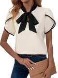 Verdusa Womens Contrast Binding Tie Neck Petal Sleeve Work Blouse Top Apricot Small