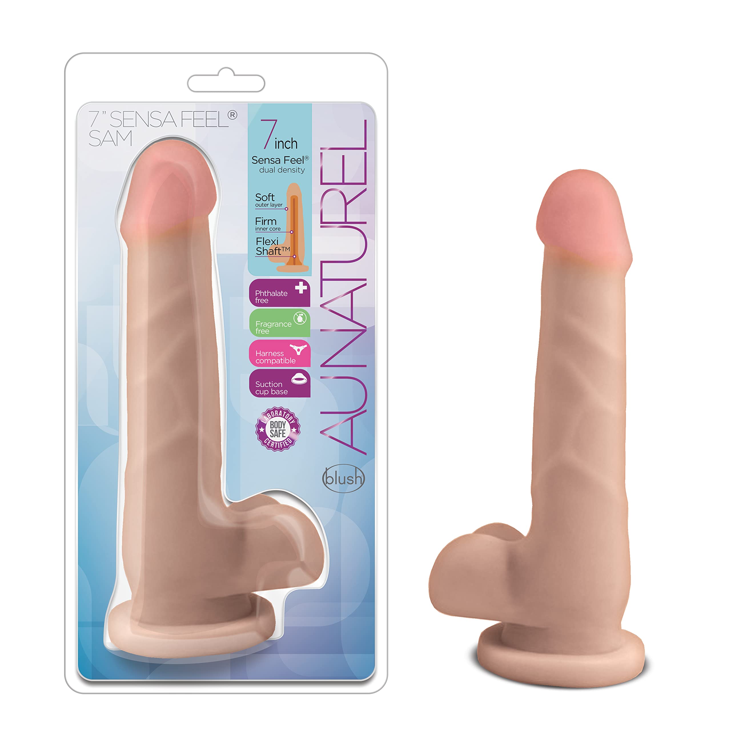 Blush Novelties Adult Sex Toys-Au Naturel Sam-Sensa Feel Dual Density Realistic 7.5 Inch Dildo-Lifelike Slim Cock and Balls Dong