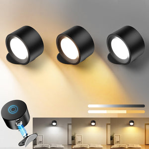 Auderwin Led Wall Sconces Battery Operated 360 Rotation Decor Wall Mounted Cordless Lights, 3 Color Temperatures & Dimmable, Wir