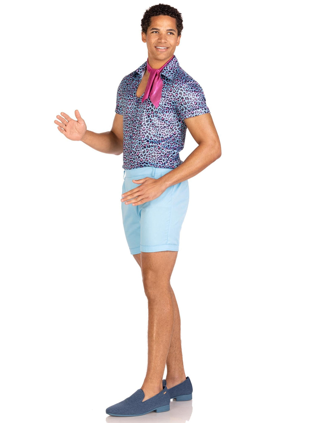 3 Pc Mr Malibu, Includes Button Up Leopard Print Shirt, Elastic Waist Shorts With Pockets, And Neck Scarf.