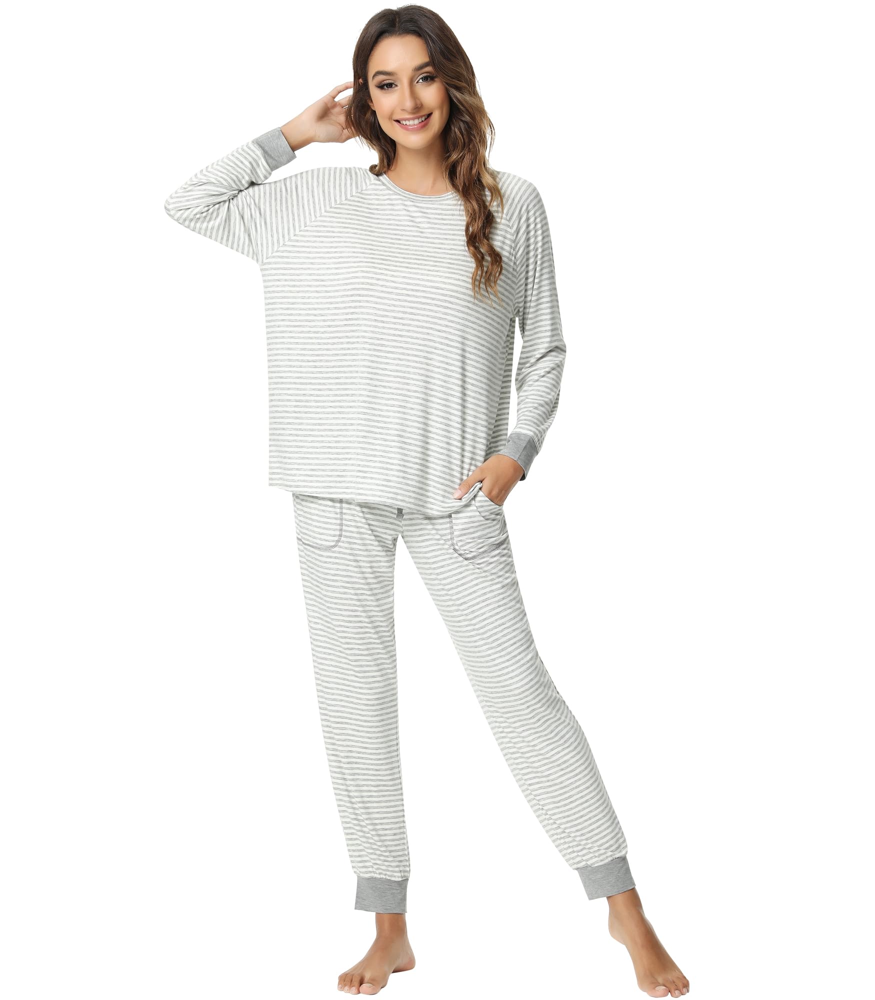NACHILA Pajamas for Women-Viscose Made from Bamboo,Long Sleeve Pajama Sets Crew Neck Pj with Joggers Pants Soft 2 Piece Pjs Grey