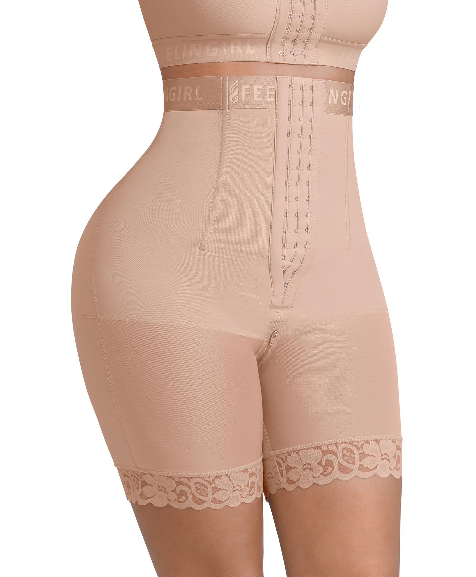 FeelinGirl High Waisted Shapewear Shorts for Women Tummy Control Faja Shorts Seamless Girdle Body Shaper Khaki Medium