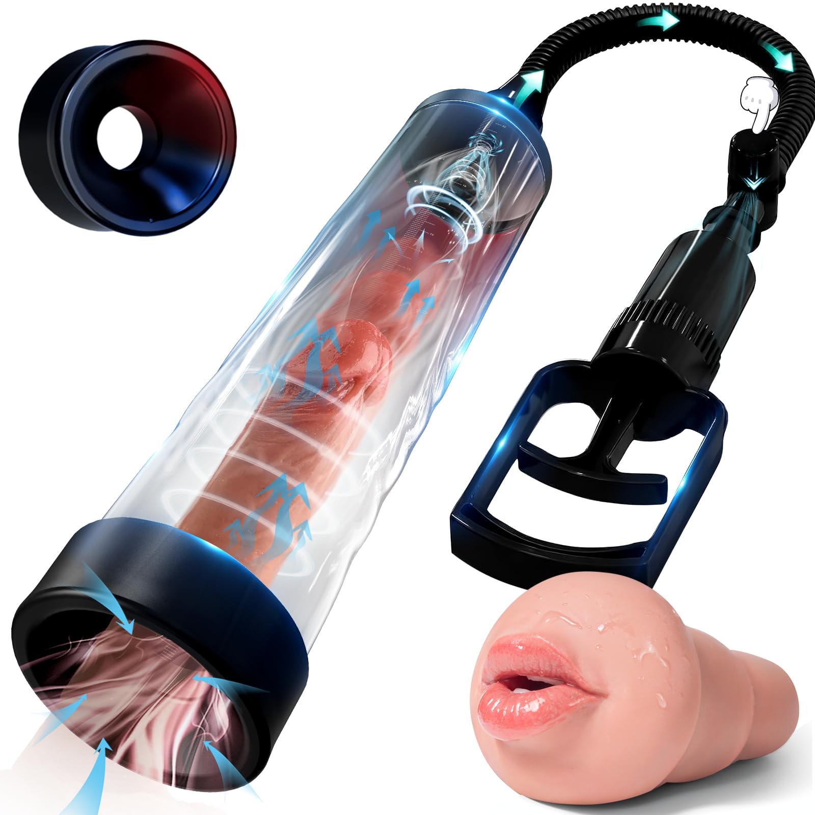 Penis Pump with Realistic Mouth,Quilloria Manual Vacuum Penis Extender Male Masturbator,Sex Toys Sexual Stimulation Device for E