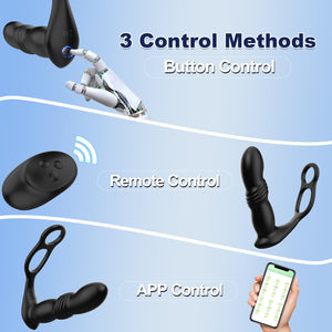 Anal Vibrator - Prostate Massager with 2 Vibrating Cock Rings, App & Remote Control Thrusting Butt Plug with 9 Vibrating and Thr