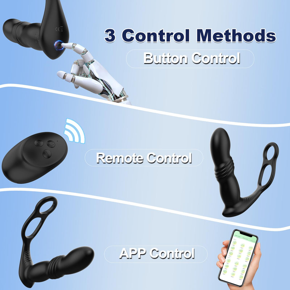 Anal Vibrator - Prostate Massager with 2 Vibrating Cock Rings, App & Remote Control Thrusting Butt Plug with 9 Vibrating and Thr