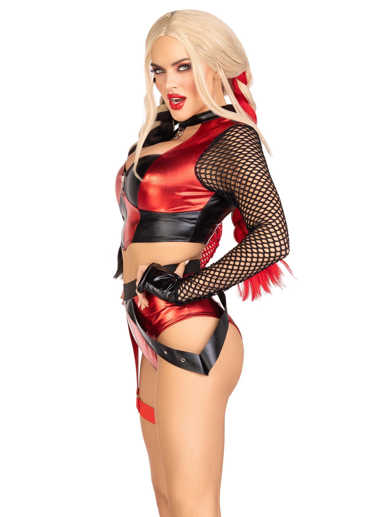 2 Pc Crime Spree Sweetie, Includes Zip Up Crop Top With Gloved Net Sleeves And Bottoms With Attached Garter.