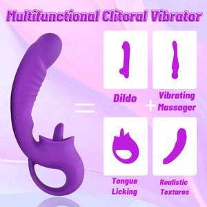 Clitoral Licking G Spot Vibrator, 2 in 1 Dildo Vibrator Clitoralis Stimulator with 10 Licking & Vibrating Modes, Strapless Strap