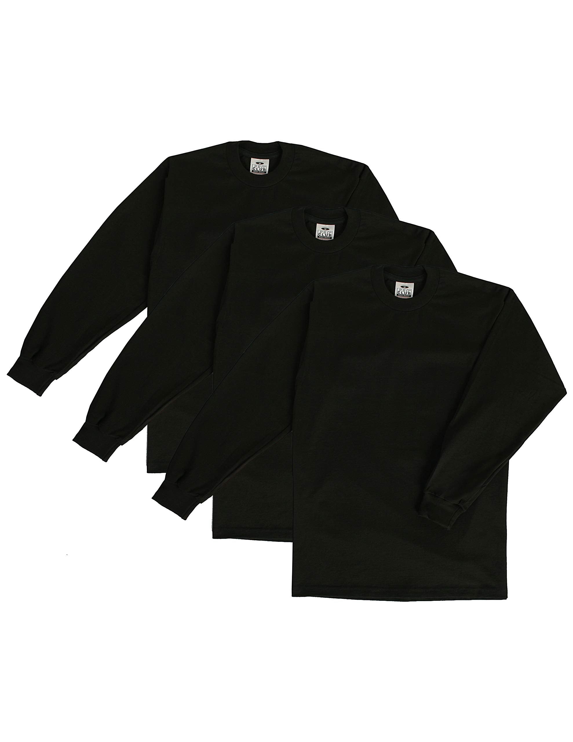 Pro Club Mens 3-Pack Heavyweight Cotton Long Sleeve Crew Neck T-Shirt, Black, 2X-Large
