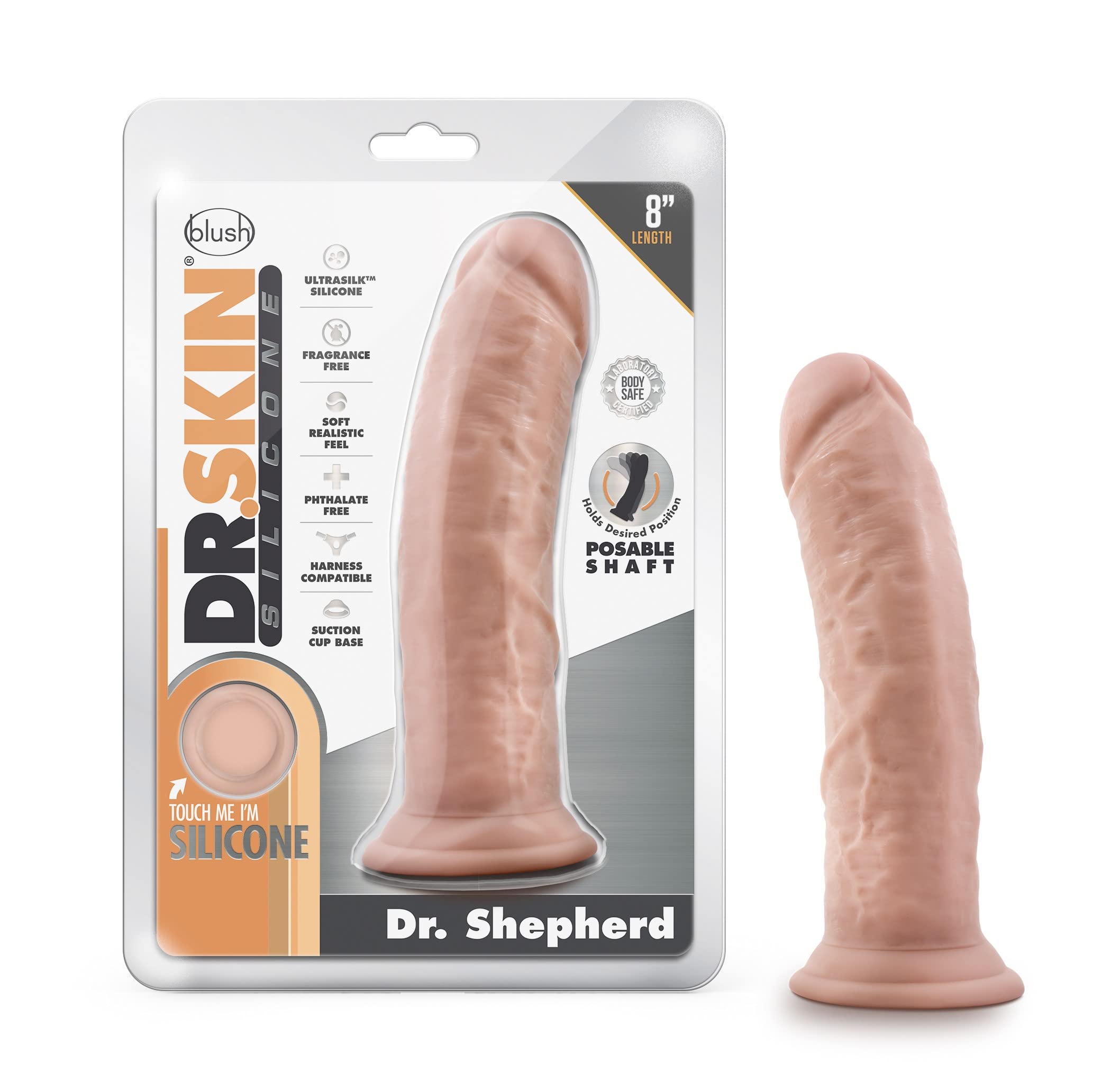 Blush Novelties Dr. Skin Silicone - 8 Inch Realistic Platinum Cured Dong - Powerful Suction Cup for Hands Free Play and Harness 