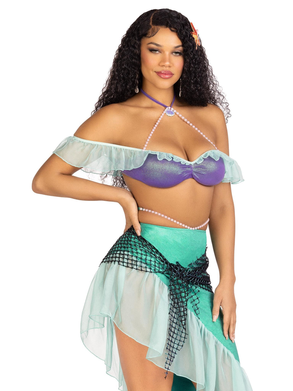 3 Pc Spellbound Mermaid, Includes Pearl Halter Iridescent Bra Top With Chiffon Ruffle Sleeve, Asymmetrical Skirt With Pearl Wais