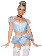 4 PC Glass Slipper Cinderella, includes boned sweetheart crop top with organza sleeves, garter panty with shimmer sheer skirt, r