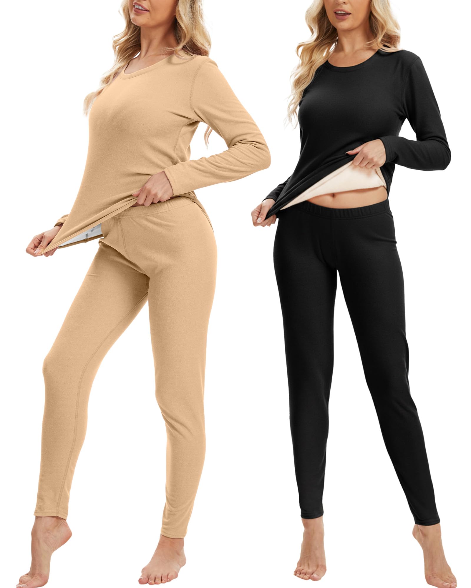 Patelai 2 Sets Womens Thermal Underwear Set Warm Fleece Lined Base Layer Top and Bottom Pajama for Cold Weather(Black, Beige,XX
