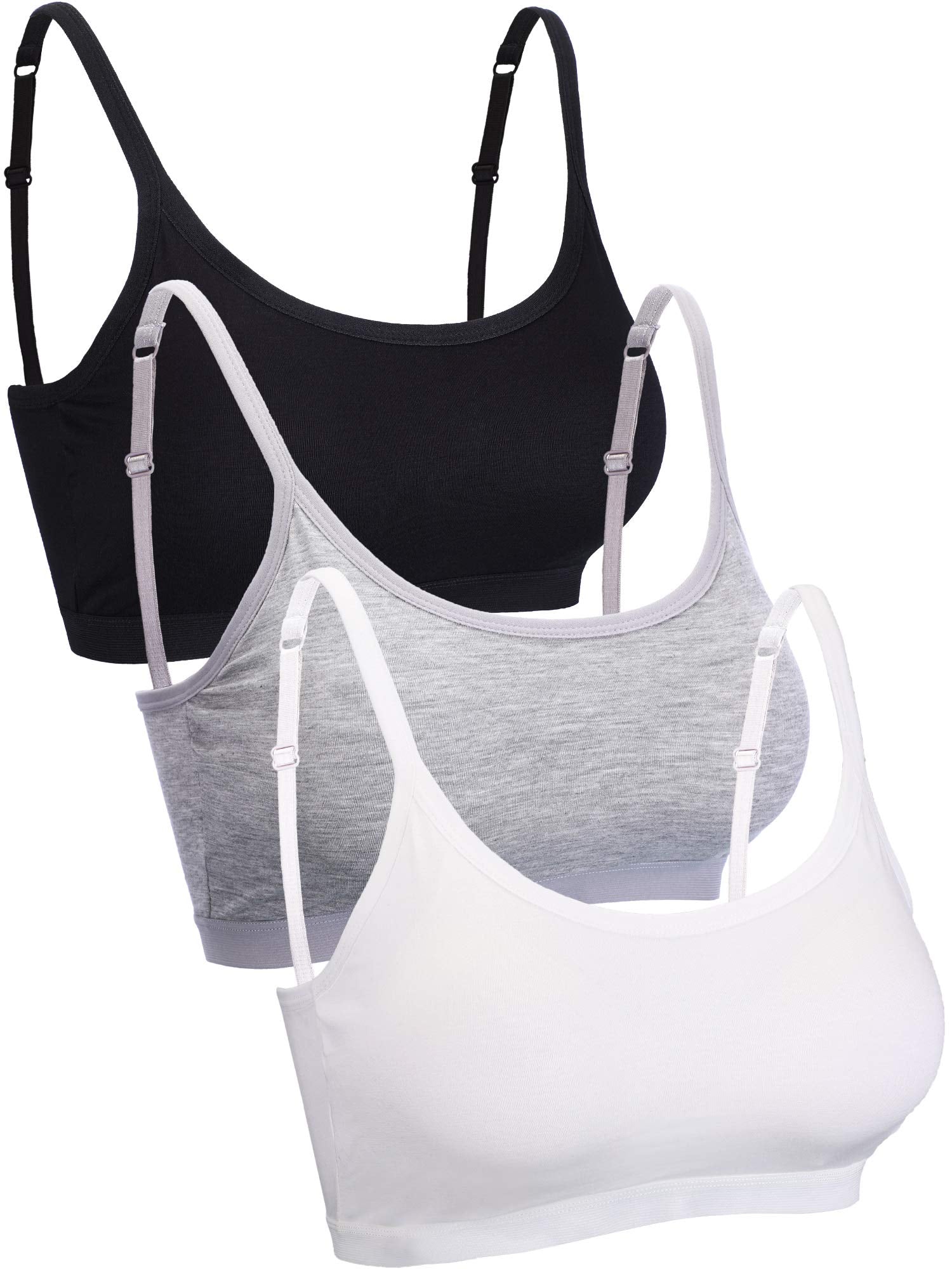 Blulu 3 Pcs Mini Camisole Bra Wireless Padded Bra Sport Cami Bralette with Adjustable Straps for Women Girls (Black,White,Grey,X