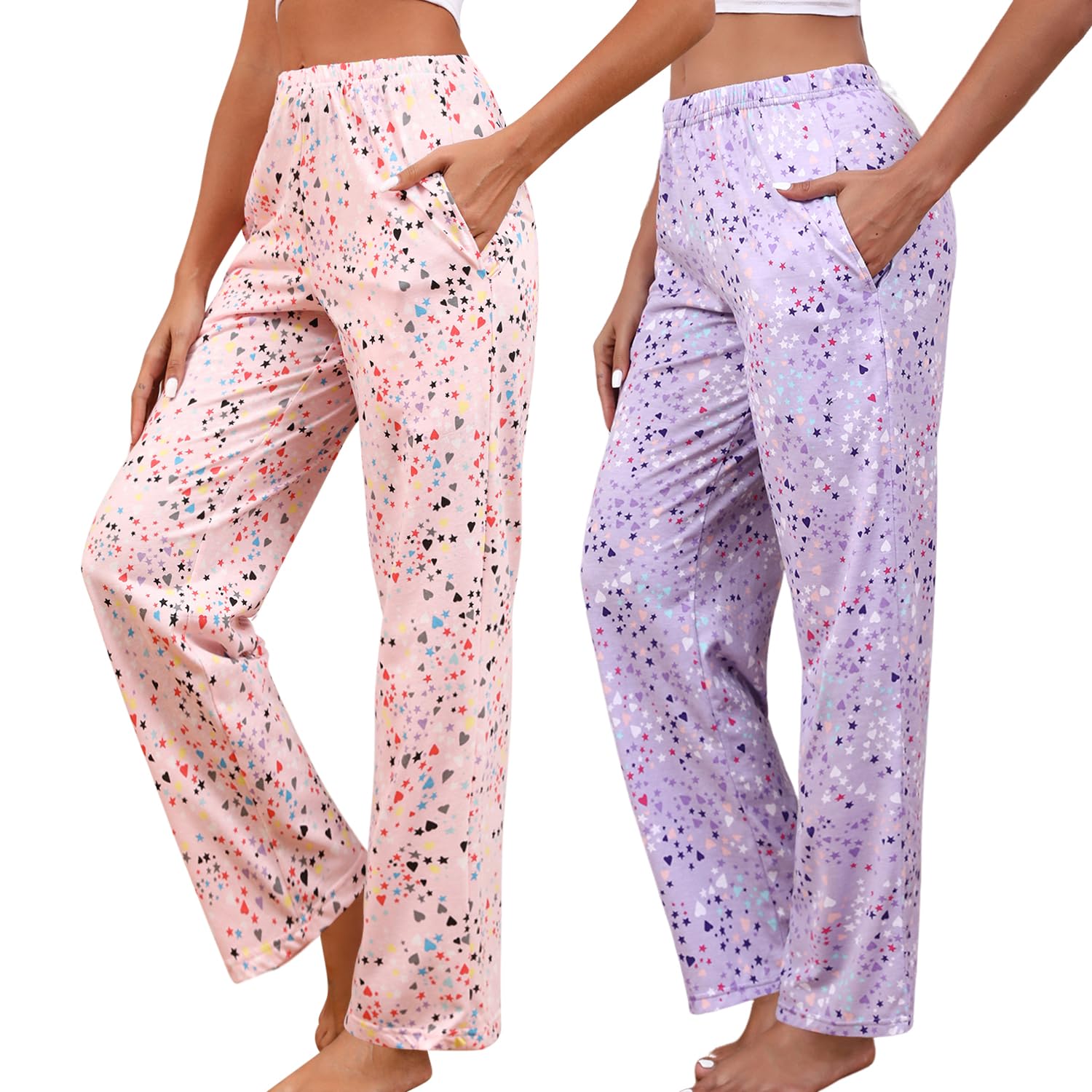 PNAEONG Women Cotton Pajama Pants Comfy Pj Bottoms Soft Printed Lounge Pant with Pockets Pink+Purple L