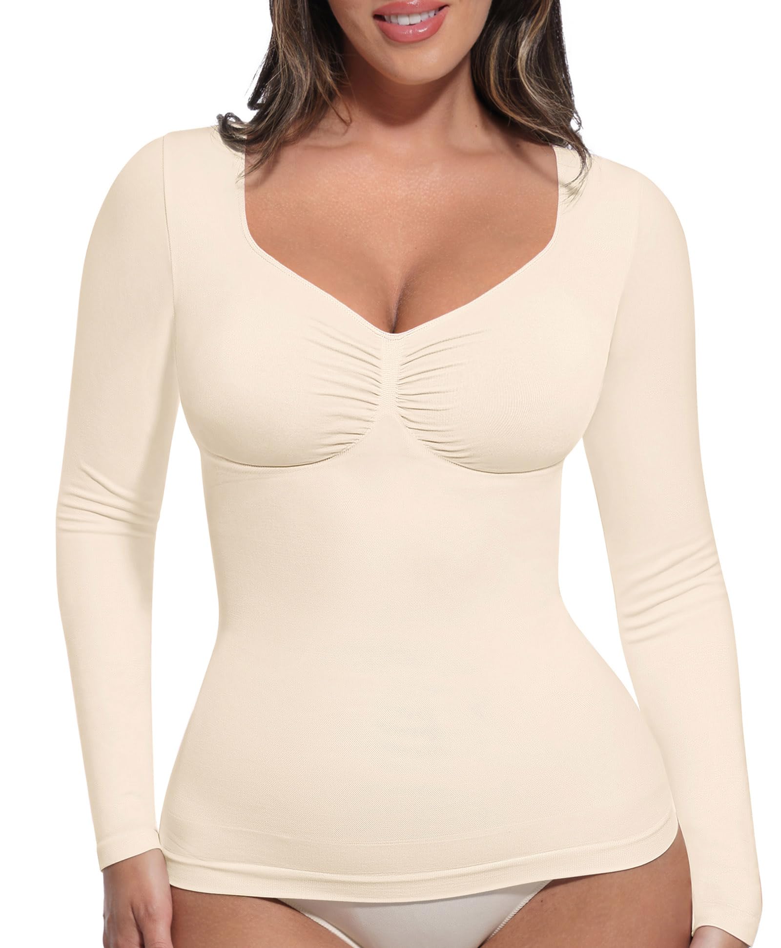 FeelinGirl Long Sleeve Shirt for Woman Womens Shapewear Tummy Control Top Slimming Tops Compression Shirts White Large