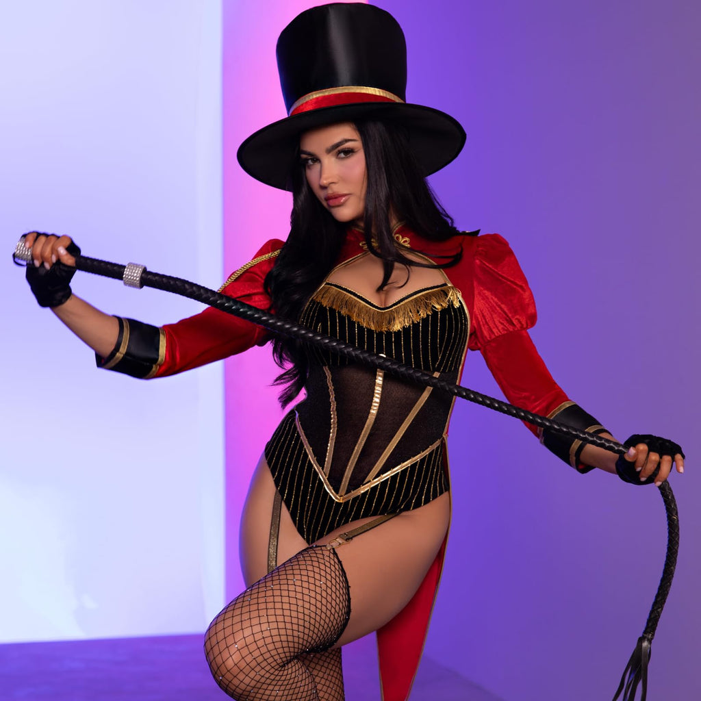 2 PC Ravishing Ringmaster, includes gold trimmed garter teddy with snap crotch and attached velvet tail coat, and top hat.