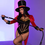 2 PC Ravishing Ringmaster, includes gold trimmed garter teddy with snap crotch and attached velvet tail coat, and top hat.