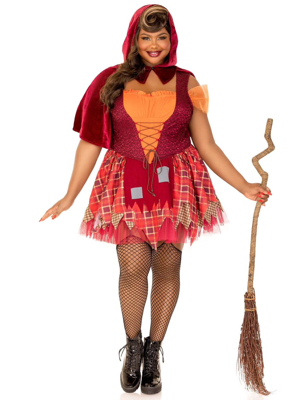 2 Pc Salem Sweetie, Includes Lace Up Patchwork Peasant Dress With Tattered Garter Skirt And Collared Caplet With Pointed Hood.