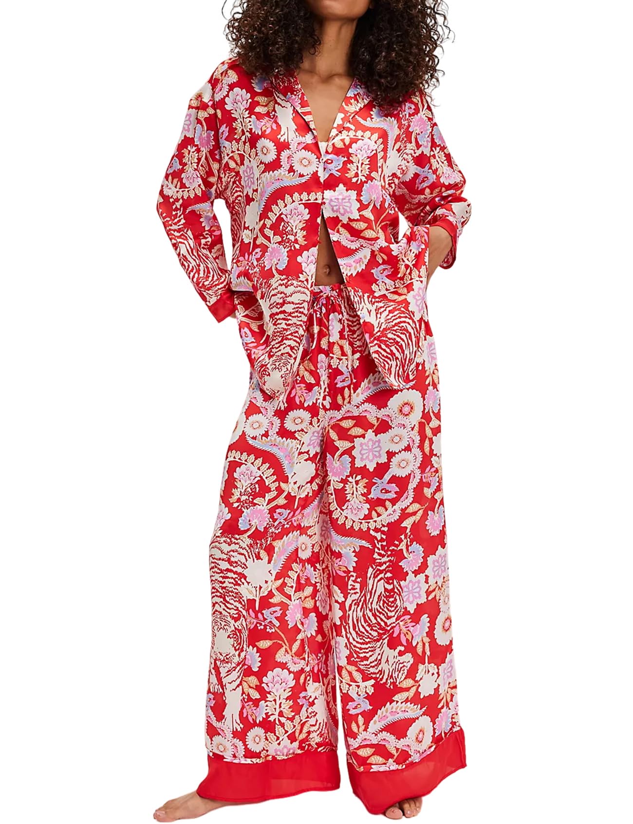 Yimoon Womens Satin Pajama Set Floral Silk Pajamas 2 Piece Cute Long Sleeve Button Down Pjs Sleepwear Lounge Set(Red-M)