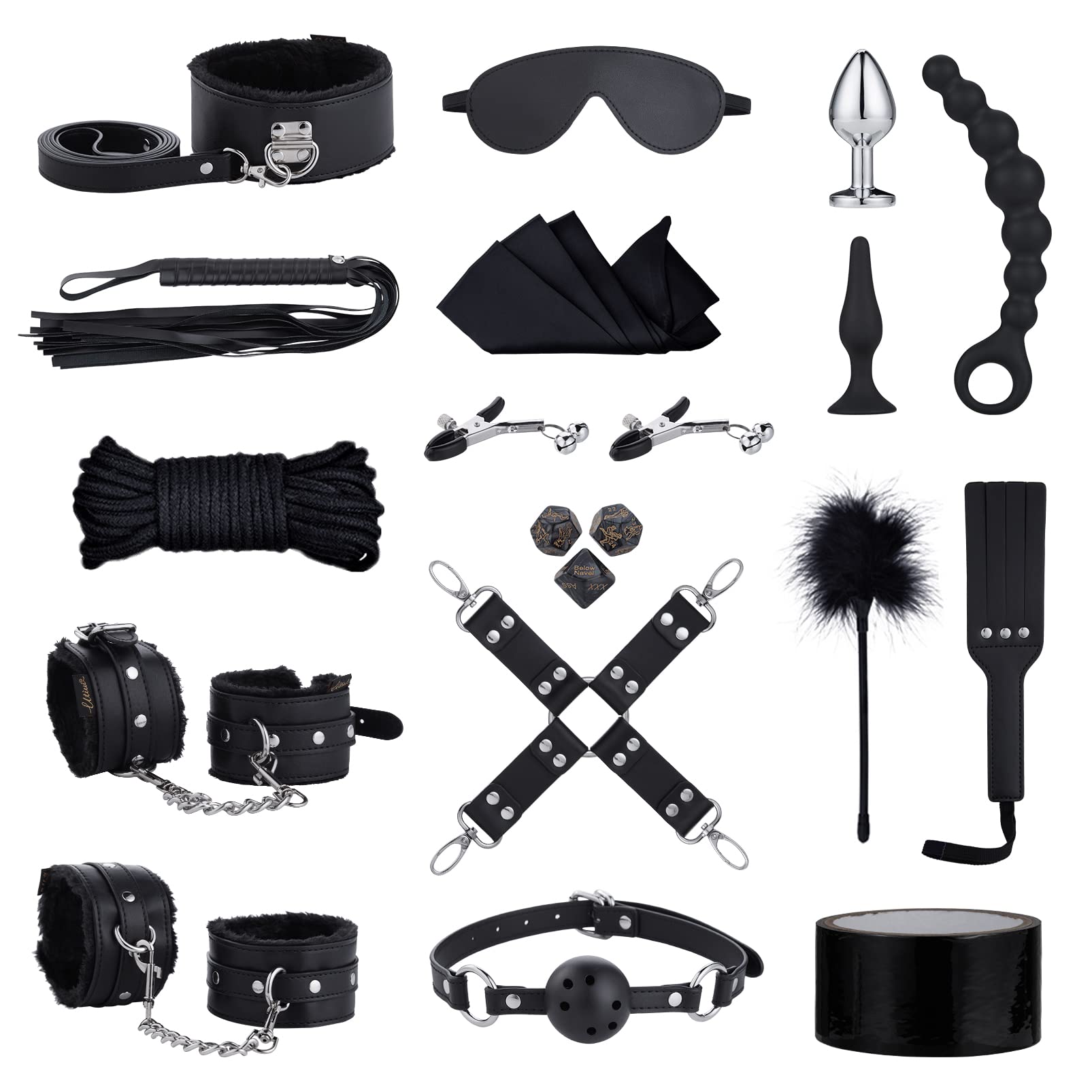 Sex Bondage BDSM Kit Restraints - UTIMI Upgrade Restraint Sets with Adjustable Handcuffs Collar Ankle Cuff Dice Beads Anal Plug