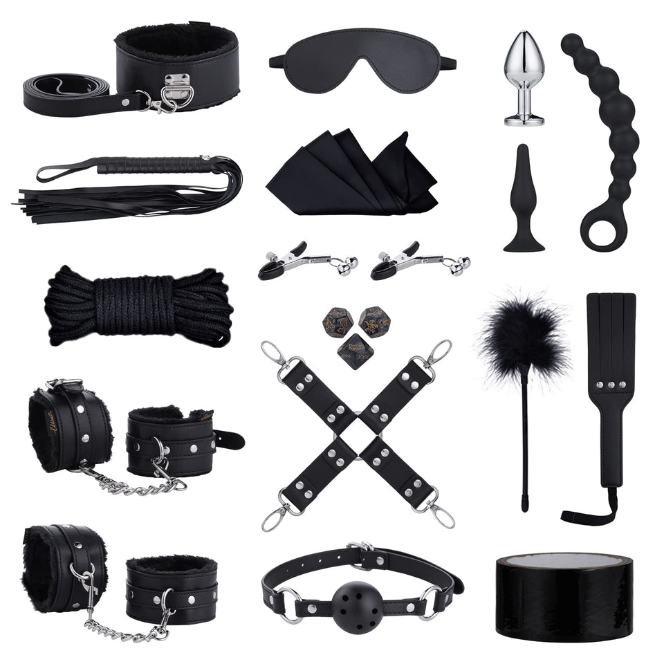 Sex Bondage BDSM Kit Restraints - UTIMI Upgrade Restraint Sets with Adjustable Handcuffs Collar Ankle Cuff Dice Beads Anal Plug