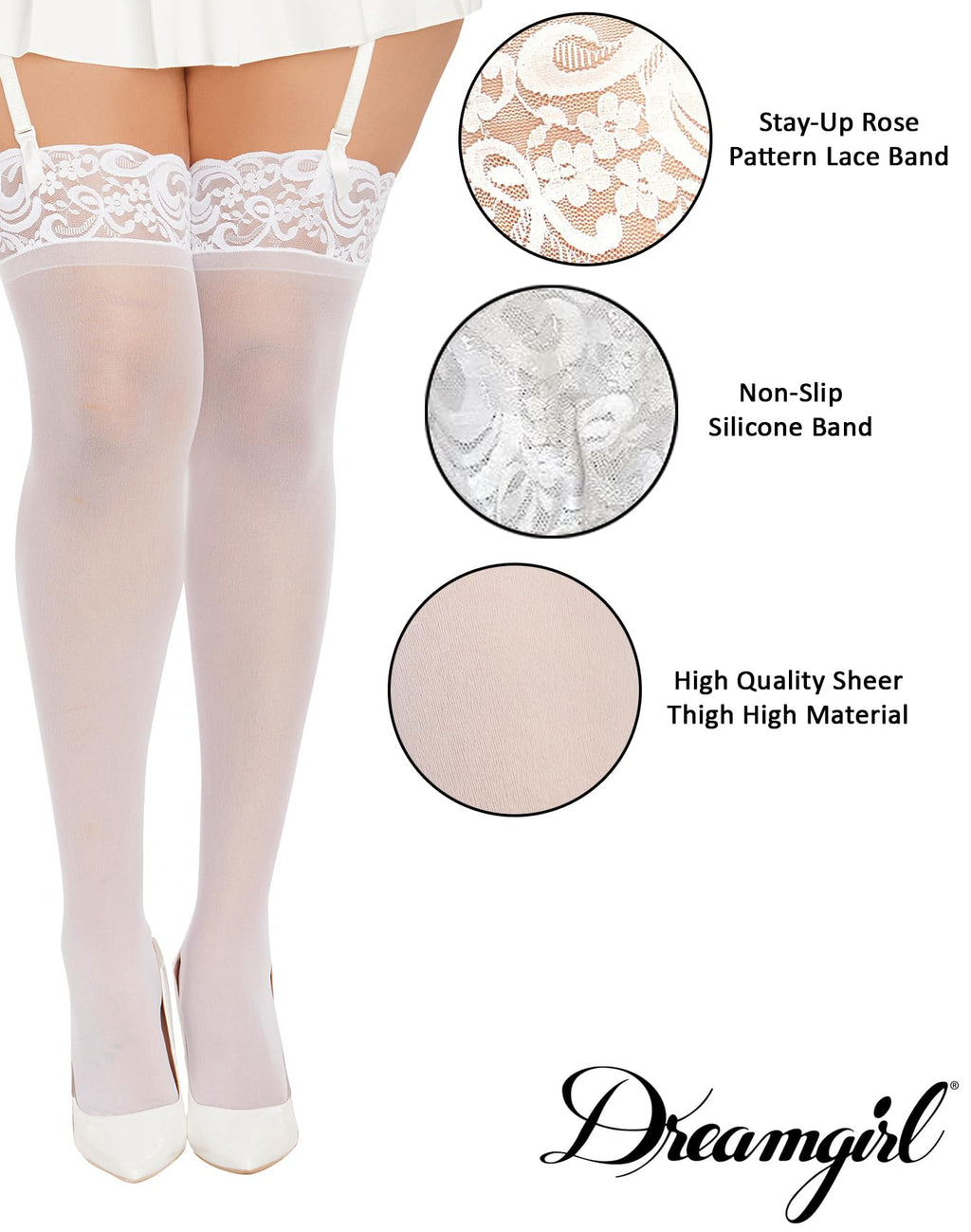 Dreamgirl Womens Plus-Size Lace Top Sheer Thigh-High Stockings, White, Queen/Small