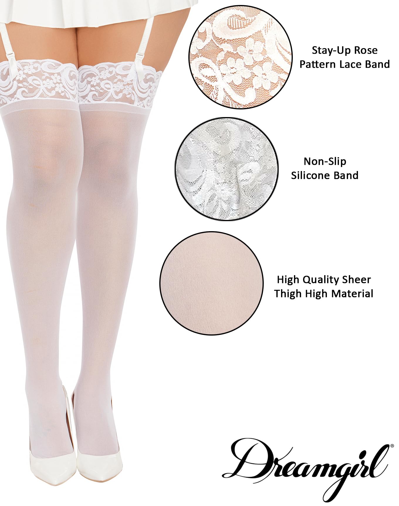 Dreamgirl Womens Plus-Size Lace Top Sheer Thigh-High Stockings, White, Queen/Small