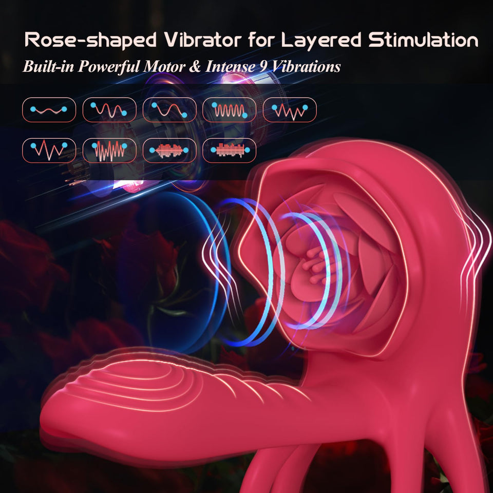 Vibrating Cock Ring Penis Sleeve with Rose Clitoral Stimulator, Penis Ring Vibrator Couples Adult Sex Toys for Men Women, Male F