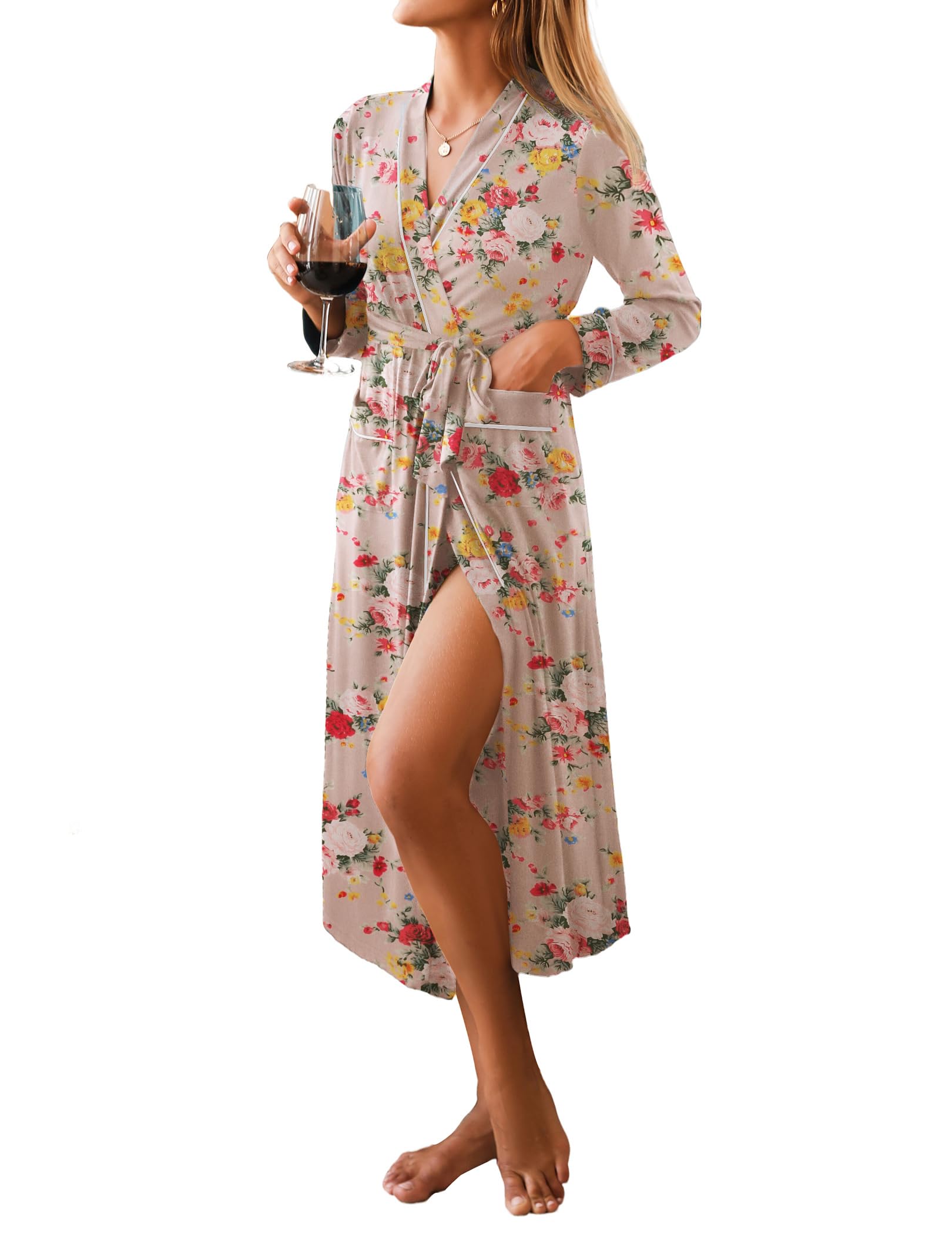 Ekouaer Women Kimono Robes Full Length Knit Bathrobe Lightweight Soft Sleepwear V-neck Casual Ladies Loungewear Floral Beige Lar