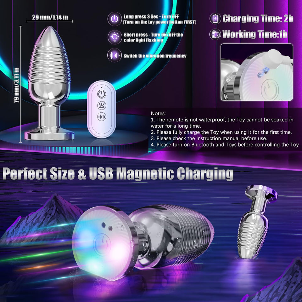 HODEVO Adult Anal Plug Sex Toy, Vibrating Anal Butt Plug, Light Up But Plug with App and Remote Controlled Vibrator, Stainless S