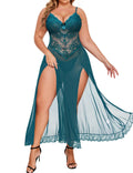 Alrovetoney Plus Size Lingerie For Women Babydoll Sexy Mesh Maxi Nightdress Strappy Sleepwear Side Slits Dark Green 3XL