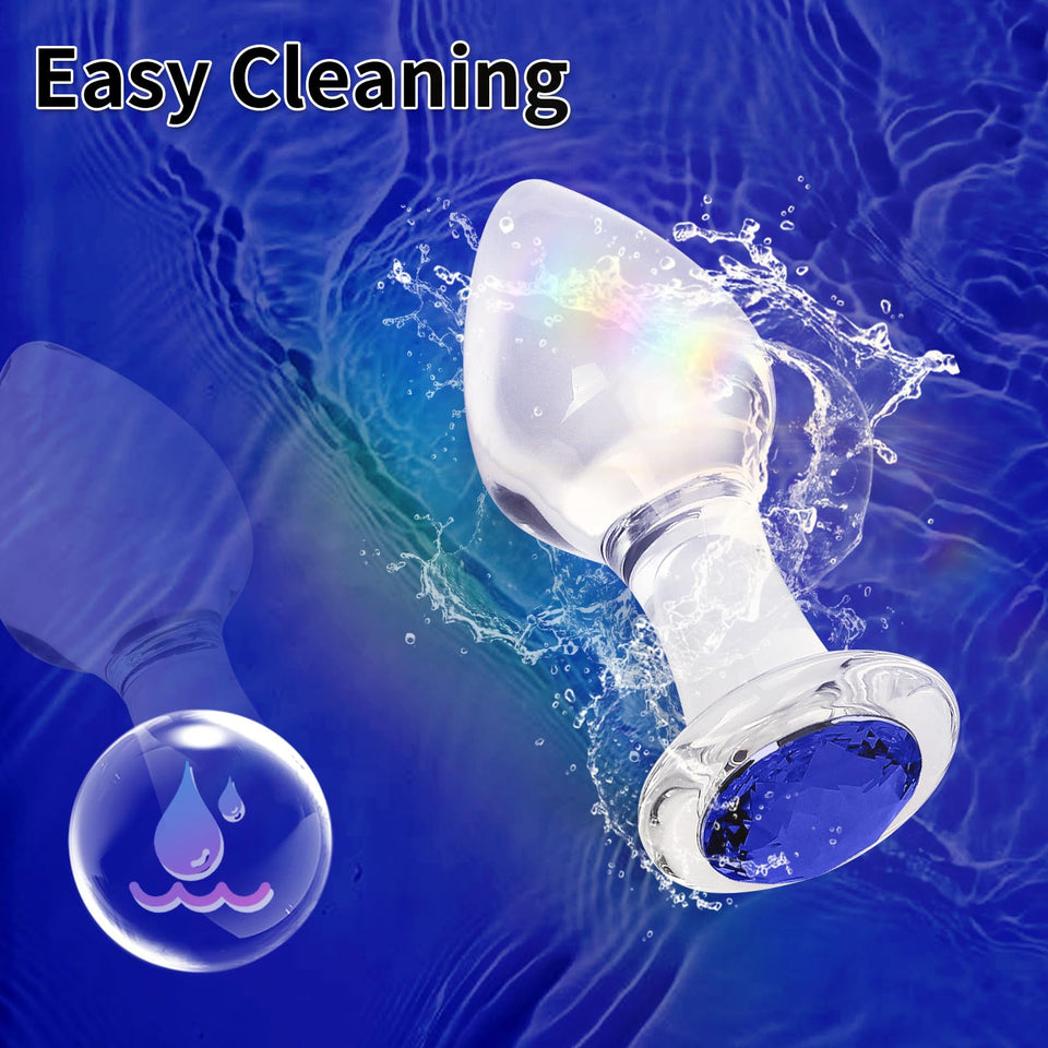Crystal Glass Anal Plug with Luxury Jewelry Butt Plug Fetish Anus Stimulation Unisex Adult Anal Sex Toy (Blue, M)