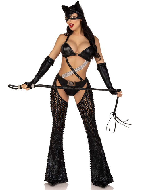 3 Pc Mistress Kitty, Includes Strappy Cut Out Bodysuit With Padded Bra Top And Ruched Back Bottoms, Attached Belted Laser Cut Ch