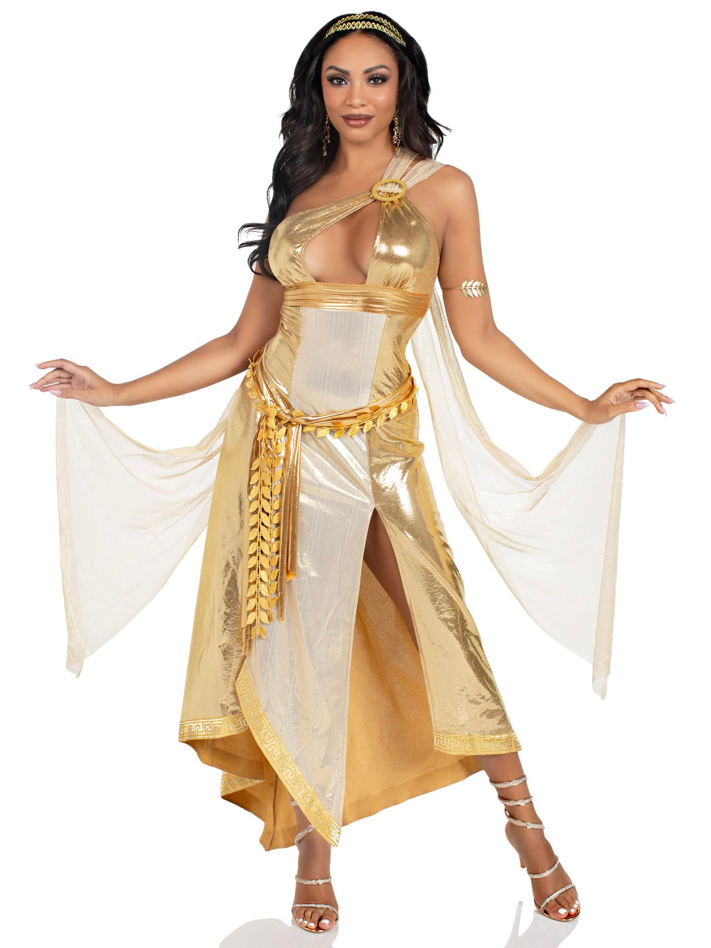 3 PC Golden Goddess, includes asymmetrical shimmer dress with one-shoulder buckle accent and ribbon trim, attached iridescent dr