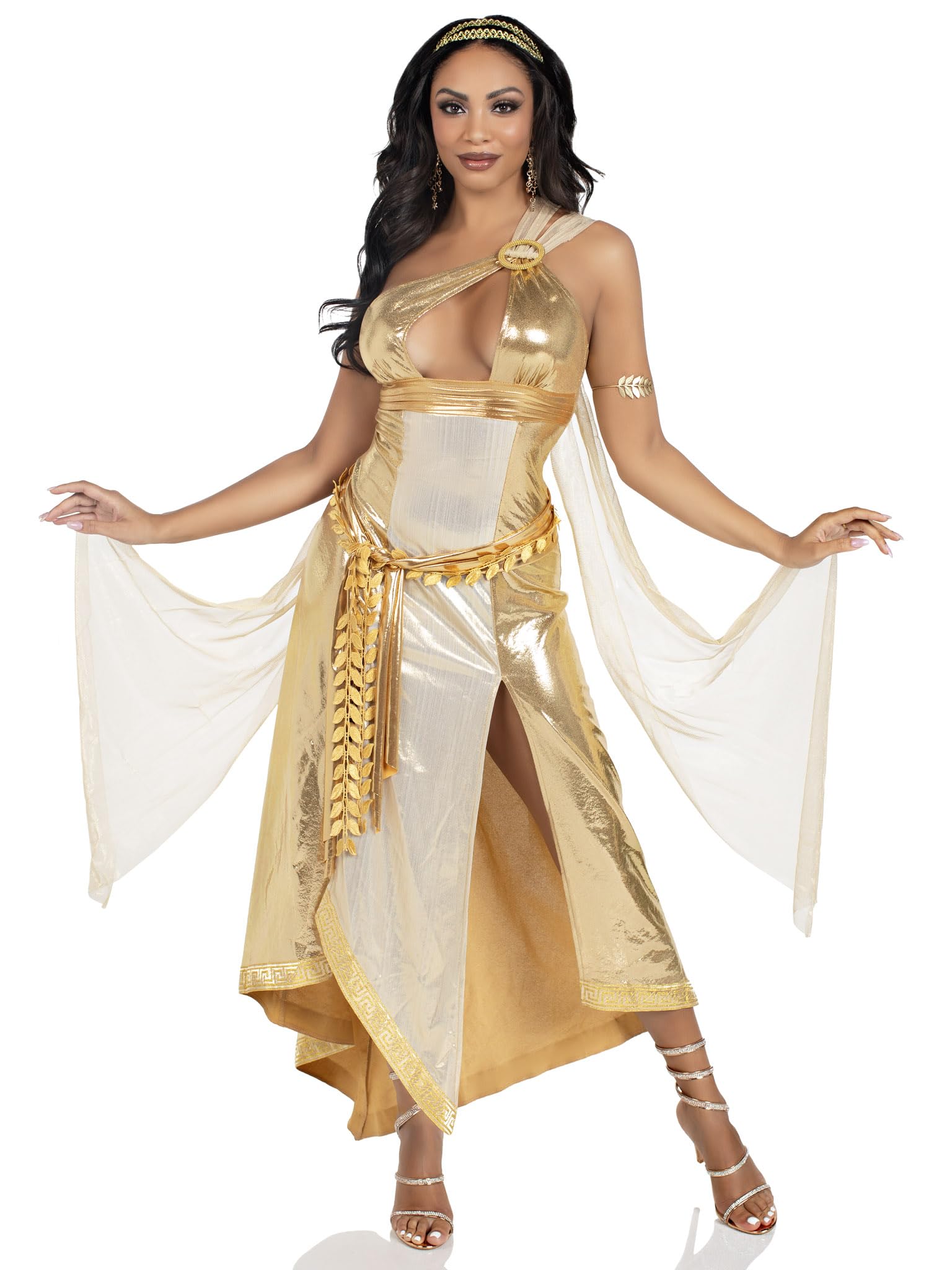 3 PC Golden Goddess, includes asymmetrical shimmer dress with one-shoulder buckle accent and ribbon trim, attached iridescent dr