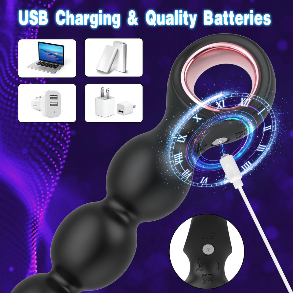 Vibrating Anal Beads Butt Plug, Anal Sex Toys with Pull Ring Design Adult Toys Prostate Massager with 2 Powerful Motors & 10 Vib