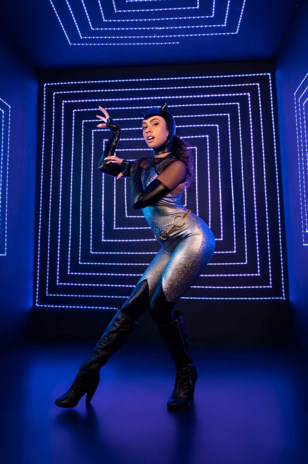4 Pc Feline Felon, Includes Holographic Catsuit With Boot Detail, Fishnet Gloved Shrug, Cat Ear Skull Cap, And Belt.