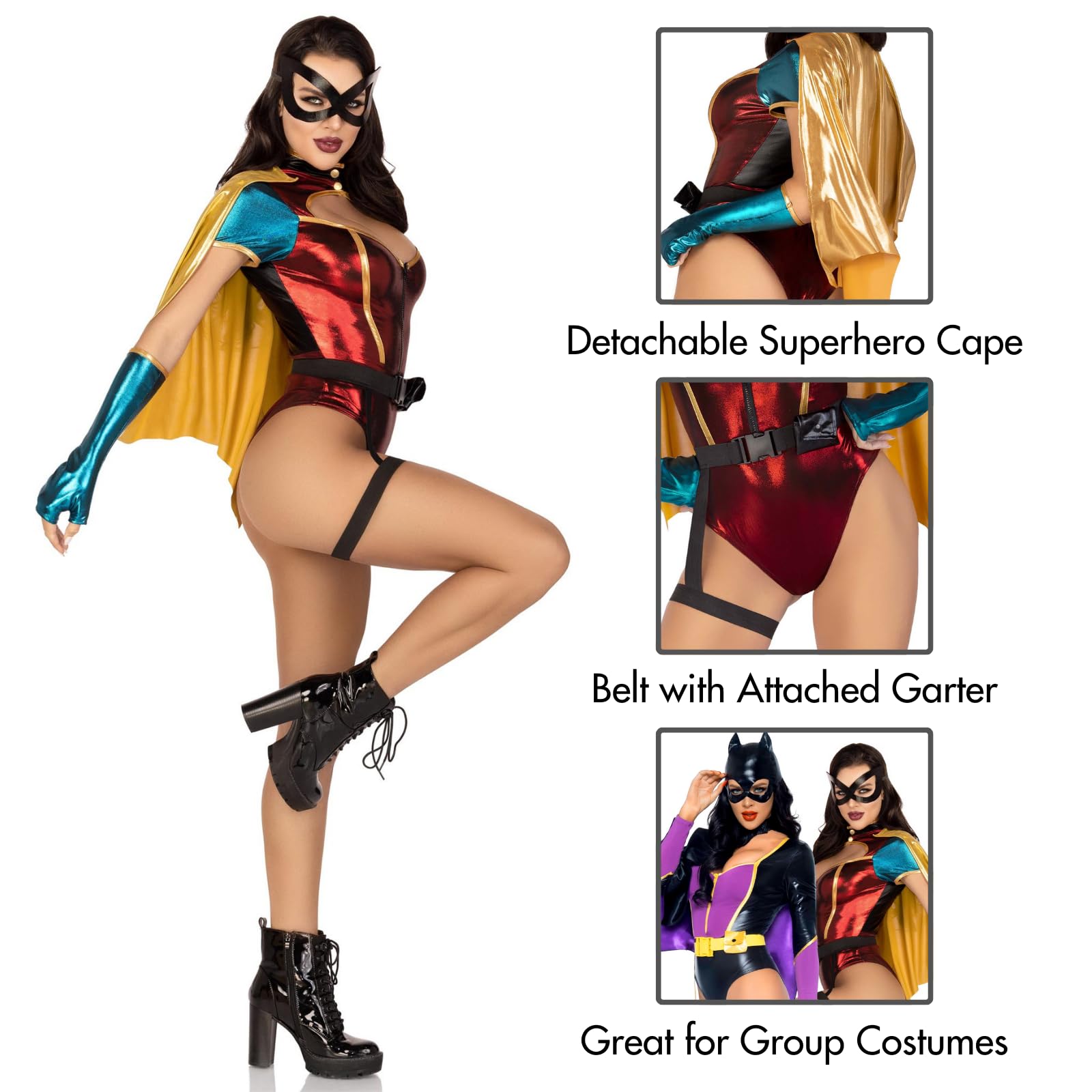 5 PC Sultry Sidekick, includes shimmer zip up bodysuit, detachable cape, belt with attached garter, gloves, and face mask.