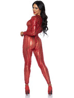 Laser Cut Metallic Catsuit. - Large / Red