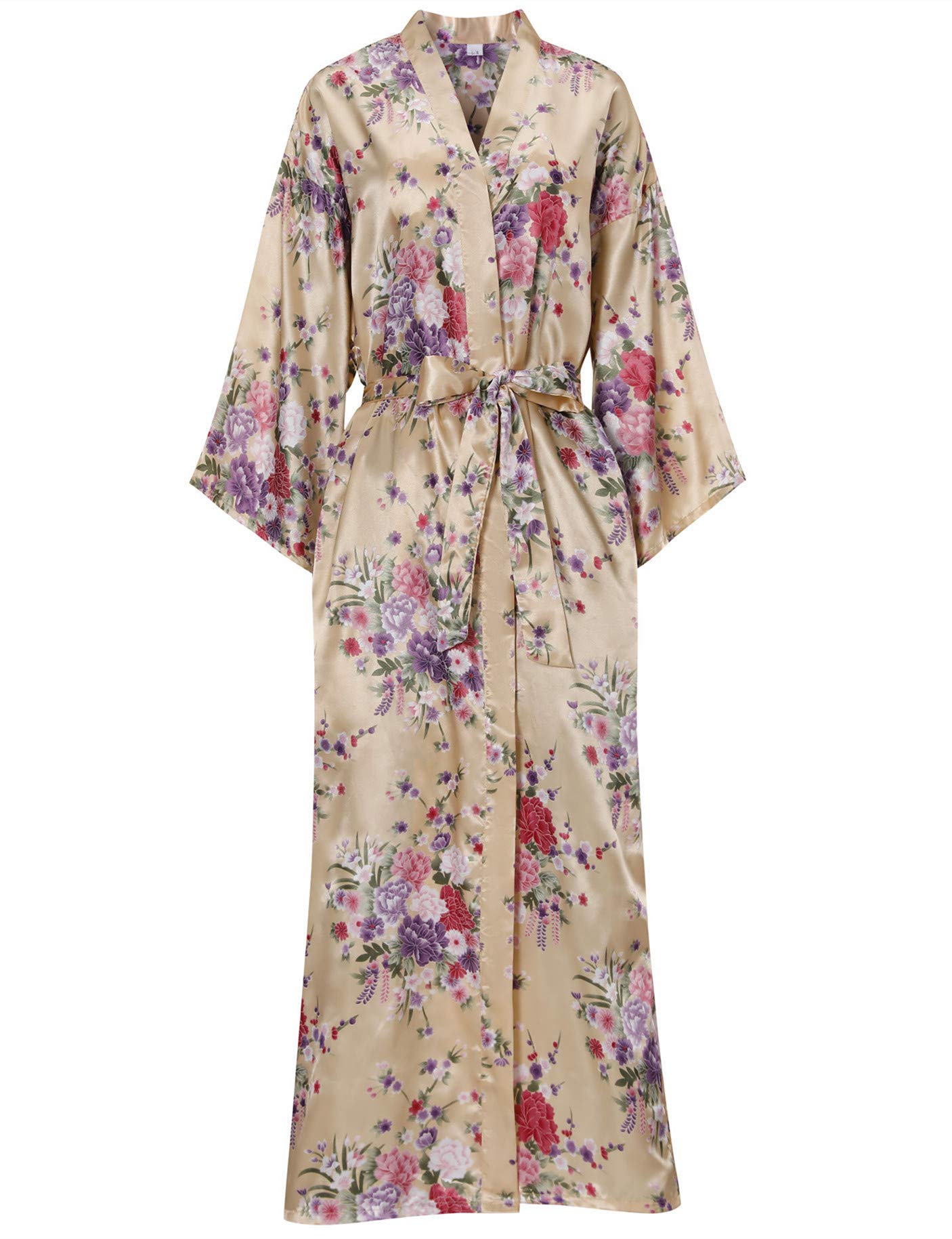 MizzGenio Womens Long Silk Robes Plus Size Long Satin Robes Floral Long Robes Sleepwear,ChampagneXX-Large-3X-Large Plus