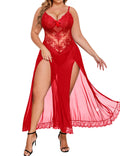 Alrovetoney XXXL Womens Lingerie Gown For Women Babydoll Sexy Mesh Maxi Nightdress Strappy Exotic Sleepwear Side Slits Red L