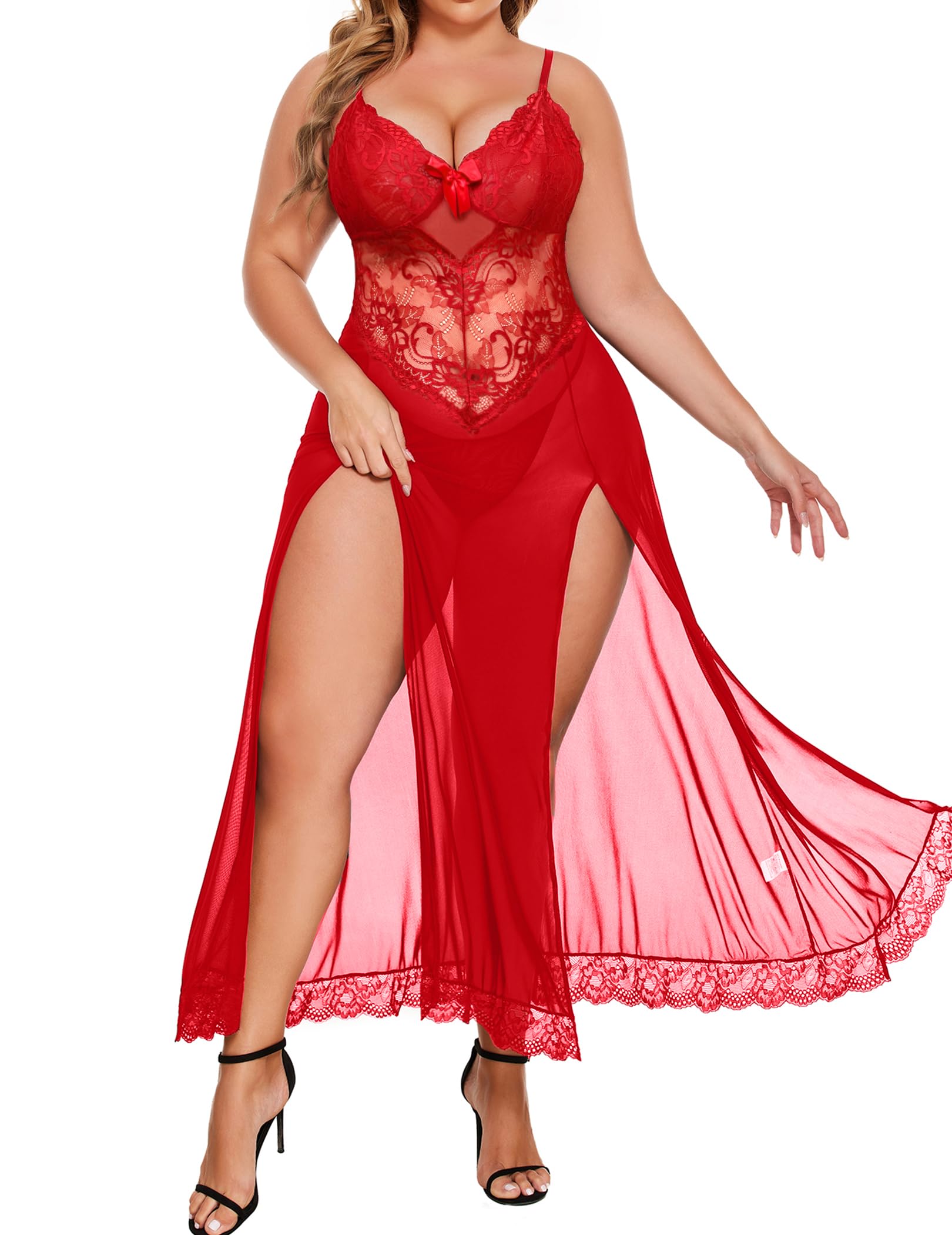 Alrovetoney XXXL Womens Lingerie Gown For Women Babydoll Sexy Mesh Maxi Nightdress Strappy Exotic Sleepwear Side Slits Red L
